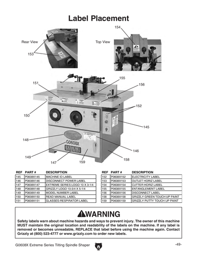 【ルミオーダーページ】 Parts for G0608X 7-1/2 HP 3-Phase Extreme Series Tilting Arbor