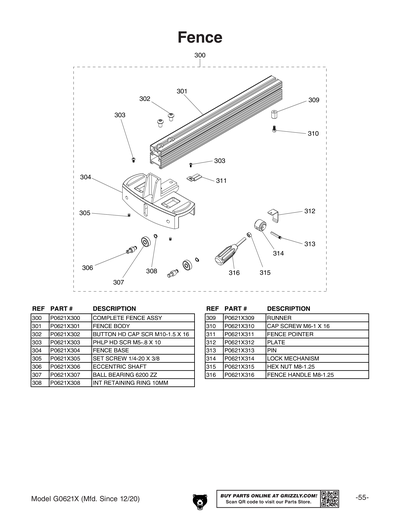 Part Diagram for G0621X