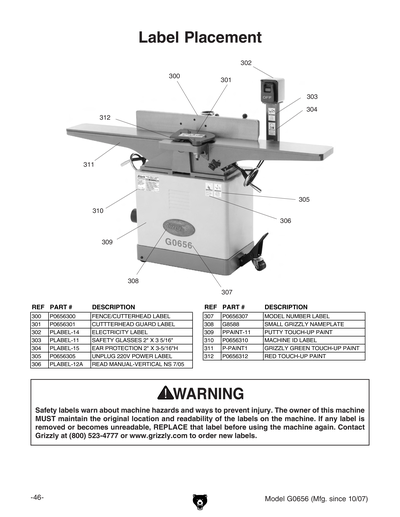 Parts for G0656X 8