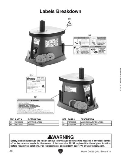 Parts for G0739 1/2 HP Benchtop Oscillating Spindle Sander