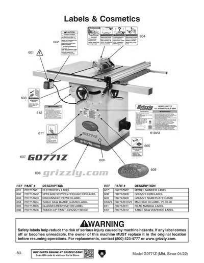 Parts for G0771Z 10