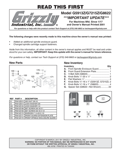 Parts for G7215Z 7-1/2 HP 3-Phase Tilting Spindle Shaper - Grizzly