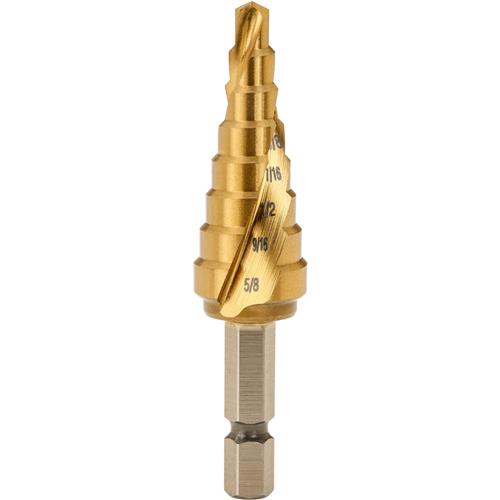 Image for Grizzly T28065 - Step Drill Bit 3/16" to 5/8" TiN Coated by 16ths, 8 Steps, Hex Shank