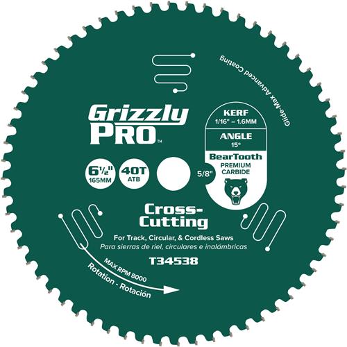 Image for Grizzly PRO T34538 - 6-1/2" x 5/8" 40T ATB Thin Kerf Crosscut Saw Blade